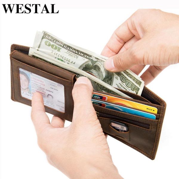 

westal men's wallet crazy horse leather purse for men rfid designer men's brand wallet short slim purse multifunctional holder, Red;black