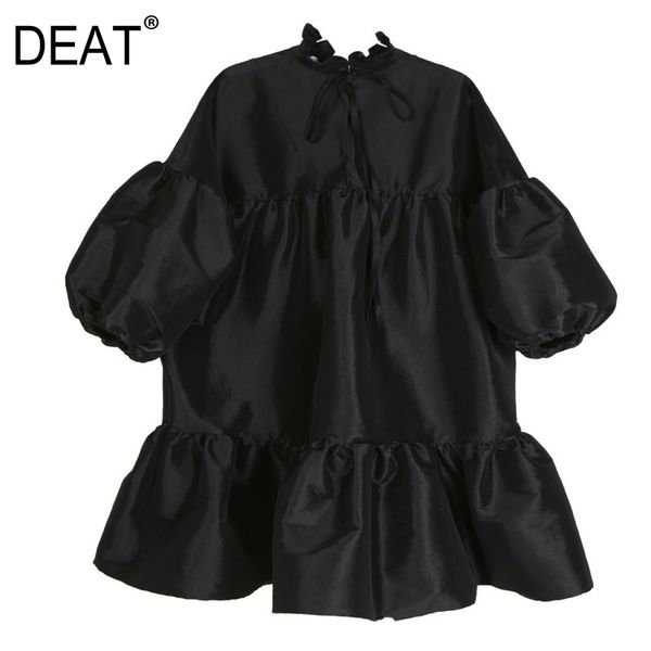

[deat] 2021 new autumn winter stand collar long puff sleeve black loose hem ruffels stitch loose dress women fashion tide jk85 210316, Black;gray