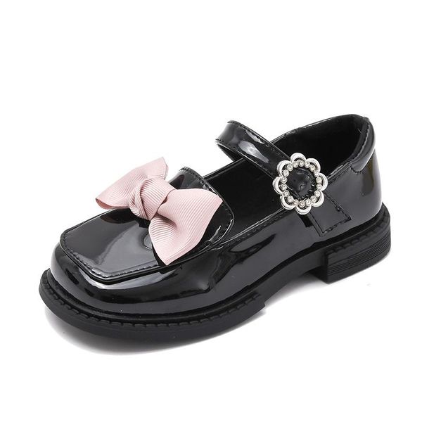 

flat shoes kids leather for girls princess sweet pu patent children black wedding party performance bowtie 26-36, Black;grey