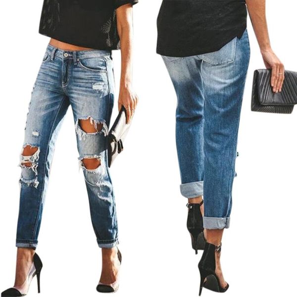 

women's jeans womens loose casual destroyed ripped high waist ladies hole denim long pants streetwear fashion trousers plus size, Blue
