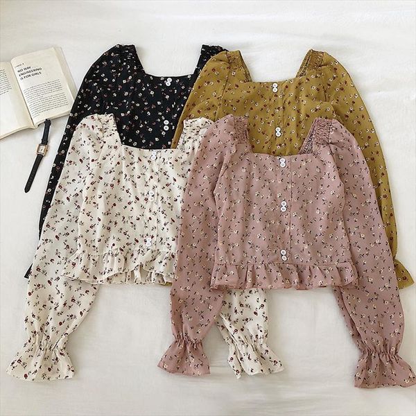 

vintage sweet ruffles floral print womens blouses long sleeve elegant square collar short style, White