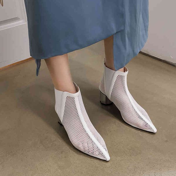 

boots women summer ankle mesh cut out hollow pointed toe bootie shoes female thick high heel sandals fashion cool bfie, Black