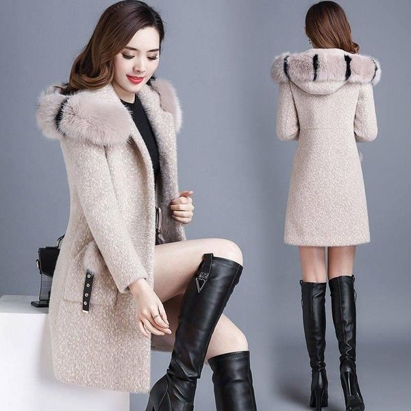 

women's wool & blends mink hooded tweed overcoat middle length slim close waist woolen in autumn and winter of 2021, Black