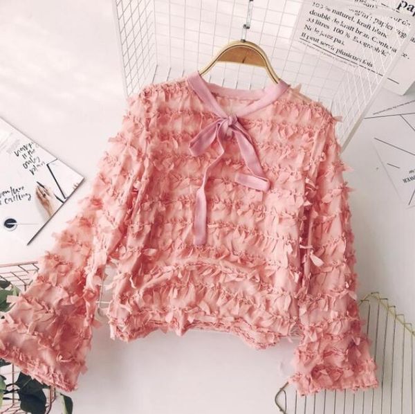 

women's blouses & shirts autumn personality shirt with three-dimensional petals tassel horn sleeve micro perspective ladies basic blous, White