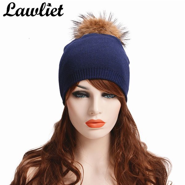 

2021 new genuine raccoon fur pompom cashmere winter hat double layer knitted women beanies ski cap casual hats 380f, Blue;gray