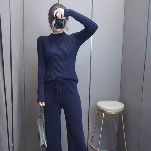 

women's two piece pants 2021 autumn winter women warm knitted sets female fashion korean style loose causal solid thick suit tracksuit, White