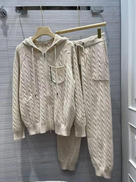 

women's two piece pants autumn winter cashmere knitted 2 pieces set women hooded cardigan sweater + waist elastic long 2021 female, White