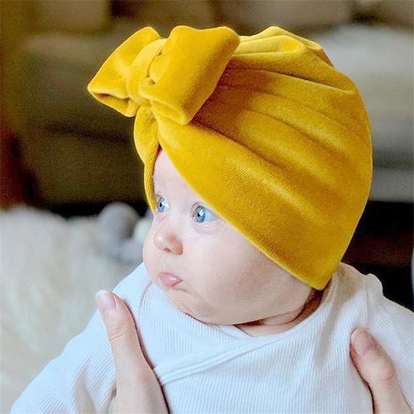 

caps & hats born baby autumn winter warm turban hat big bow cotton beanie stretchy head wrap toddler kids headwear accessories, Yellow