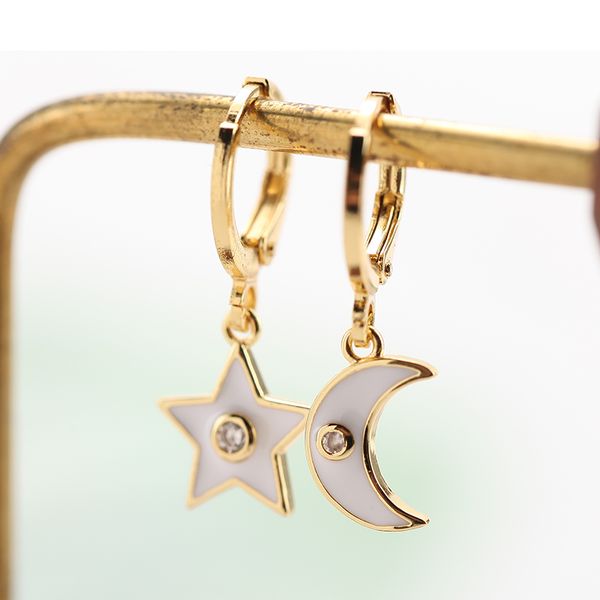 

drop charm earring for women gold star moon dangle earrings 2pcs copper cz korean style earings fashion jewelry 2020 gifts, Bronze;silver