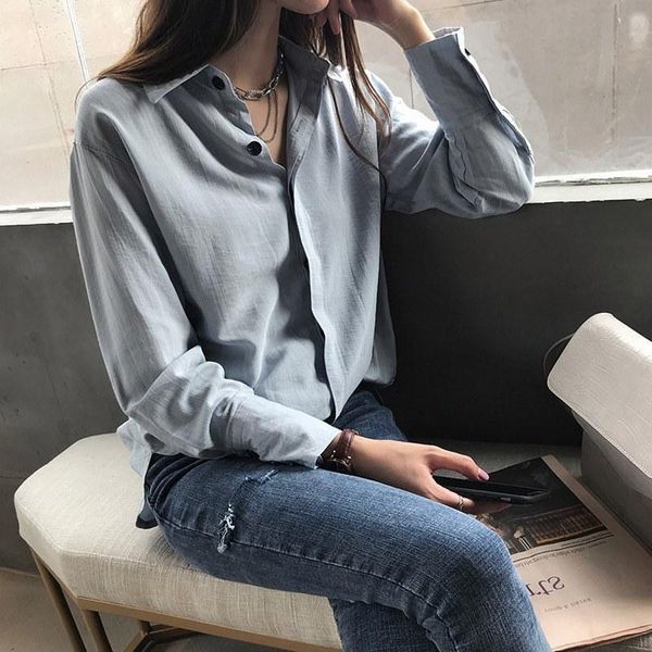 

2021 summer casual shirt women loose long sleeve lapel blouse loose rk, White