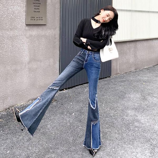 

women's pants & capris [ewq] 2021 spring casual korea chic elegante women versatile flare zipper patchwork panelled bllue denim jeans 8, Black;white