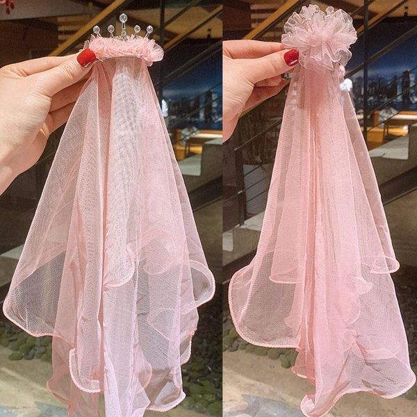 

hair accessories flower girls pink white first communion veil clip with bow crown tiara birthday party wedding accessory, Slivery;white