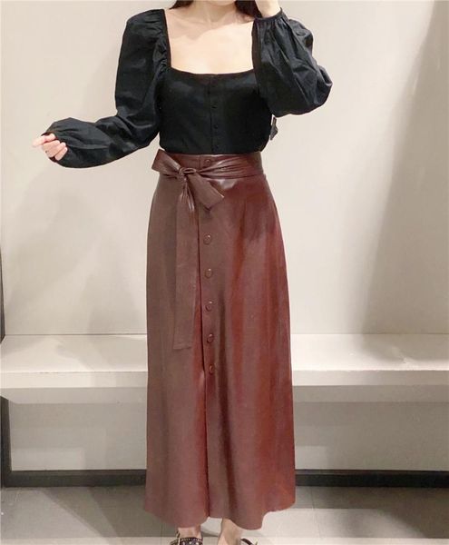 

autumn and winter popular women's skirts, imitation leather skirts, loose solid color elastic waist all-match office casual, Black
