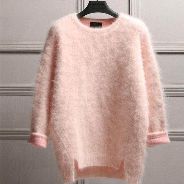 

women's sweaters [ewq] korea chic 2021 autumn winter clothing candy color round neck contrast imitation mink pullover sweater 16e4707, White;black