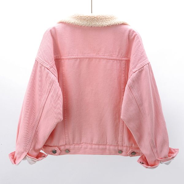 

fashion 6 color loose short denim coat women red pink black outwear winter thick warm lamb fur liner jeans jacket female y9ry, Black;brown