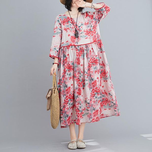

maternity dresses summer and autumn three quarter sleeve floral dress plus size fashion printing pregnant women cotton linen loose, White