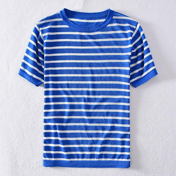 

men's t-shirts summer clothing trend striped linen short-sleeved t-shirt casual self-cultivation round neck knitted, White;black