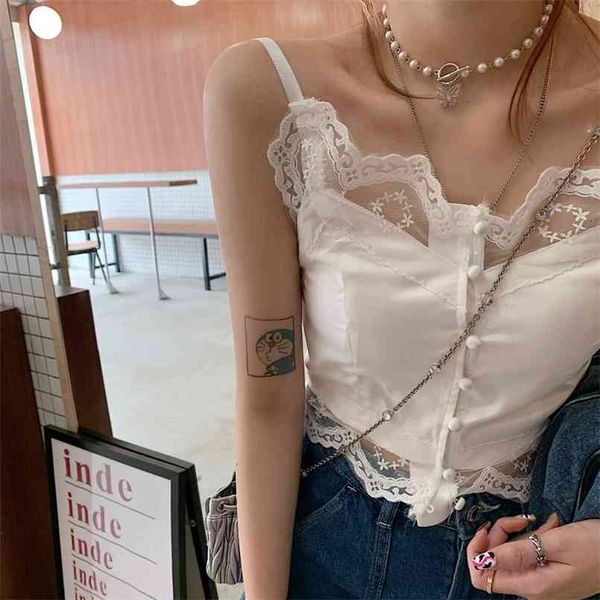 

lace crop vest women white camisole spring summer chic style ribbed tank club wear mujer 210529