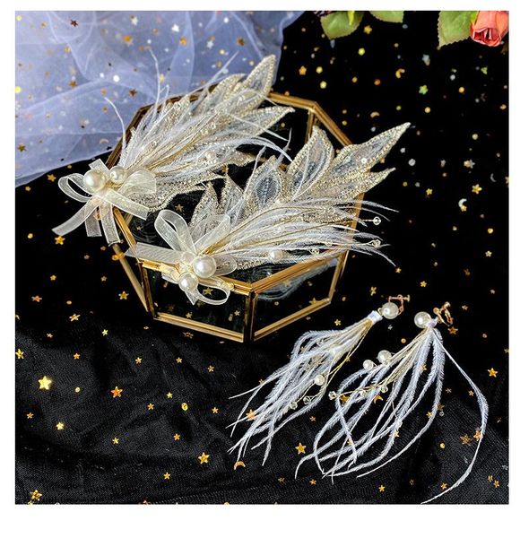 

hair clips & barrettes feather hairpin headdress 2021 korean bride rhinestone crystal clip accessories styling earrings, Golden;silver