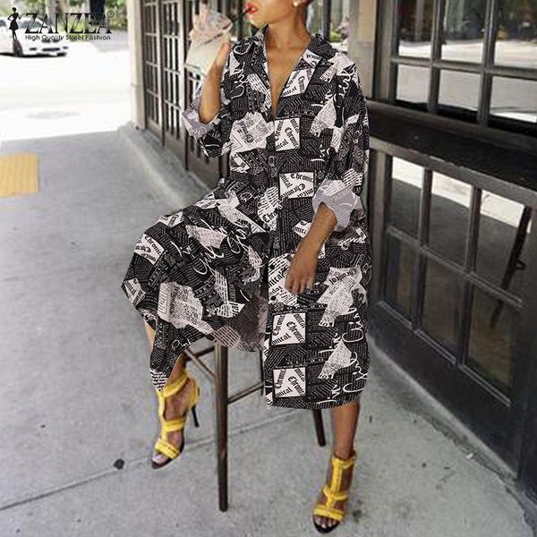

casual dresses zanzea fashion women's shirt dress 2021 spring spaper printed midi vestidos long sleeve loose oversized robe 7, Black;gray