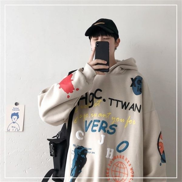 

autumn and winter hip hop streetwear men's sweatshirt casual loose oversize hoodies men fashion personality printed hoodie 201104, Black