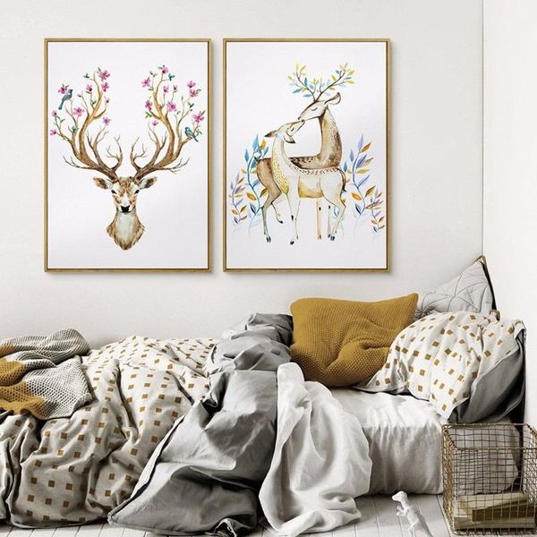 

paintings nordic modern minimalist canvas painting flower elk head small fresh art poster living room children's home wall decor