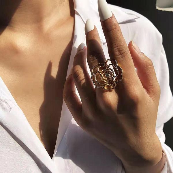 

big flower gold ring for women luxury designer bling diamond rings adjustable opening zircon rose camellia ring jewelry birthday gift for gf, Golden;silver