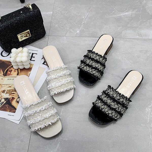 

fashion lady sandals 2021 summer women slipper shoes outside low square heels slides shoes size 35-40, Black