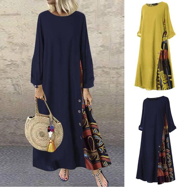 

casual dresses women long maxi dress zanzea female vintage print patchwork vestidos loose robe femme sundress kaftan party, Black;gray