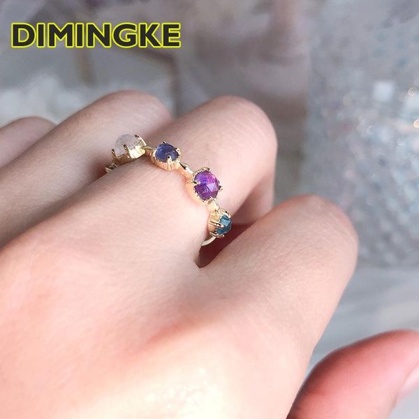 

cluster rings dimingke natural moonstone labradorite blue cordierite 5 gem ring s925 sterling silver 14k gold noble women's fine jewel, Golden;silver