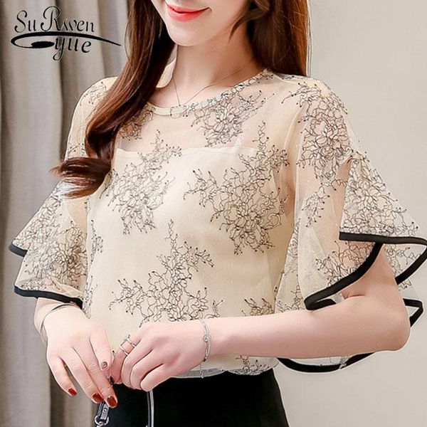 

women's blouses & shirts women chiffon shirt style summer blouse 2021 irregular short sleeved flare sleeve o neck printing pattern 3546, White