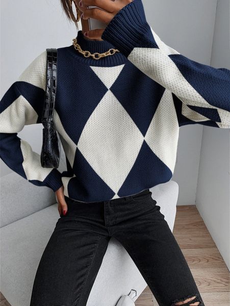 

mock neck argyle pattern drop shoulder sweater h26i#, White