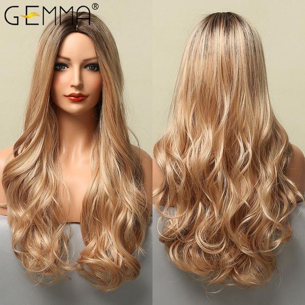 

synthetic wigs gemma long body wave omber brown blonde highlight for women natural middle part cosplay heat resistant fiber, Black