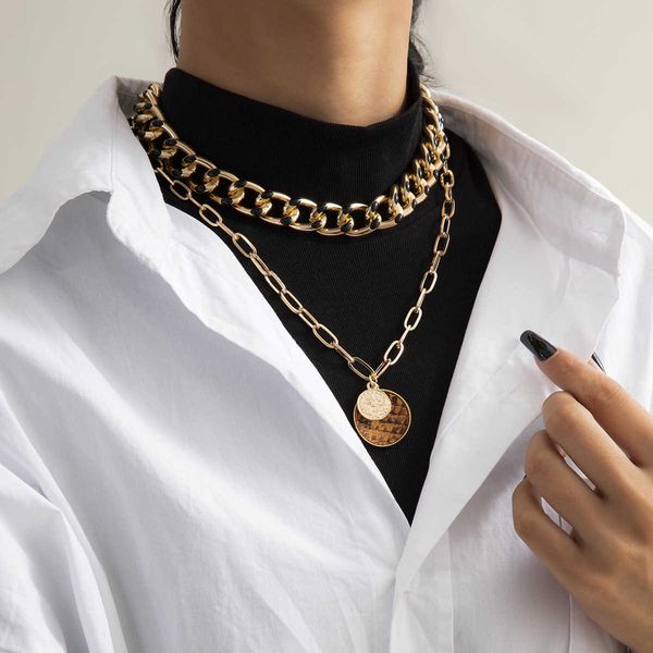 

jewelry punk black oil painting thick chain female personality coin pendant necklace, Silver