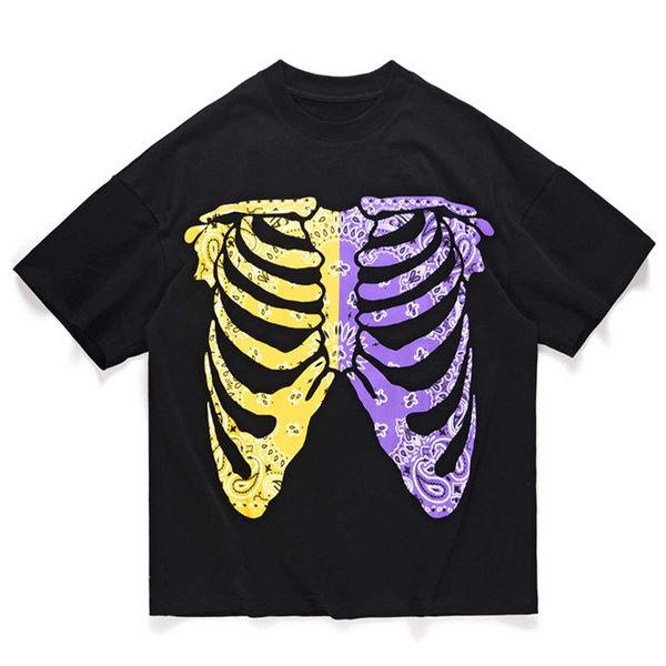 

chaopai harajuku t-shirt men streetwear cashew flower skeleton print hip hop tshirts 2021 summer loose cotton short sleeve shirts black, White;black