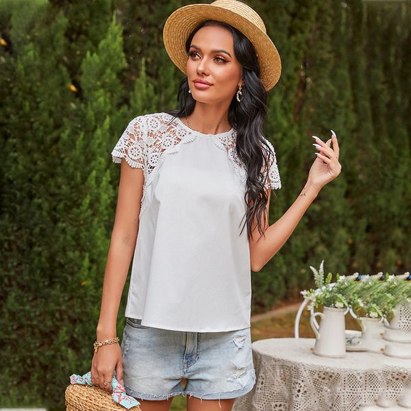 

2021 lace patchwork women new summer casual hollow out short sleeve solid color loose t shirt female o neck pullover 3oxd, White