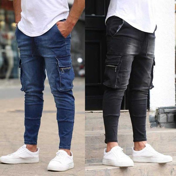 

men's jeans men zipper tooling multi-pocket fashion biker denim trousers hip-hop street blue locomotive cowboy clothing male