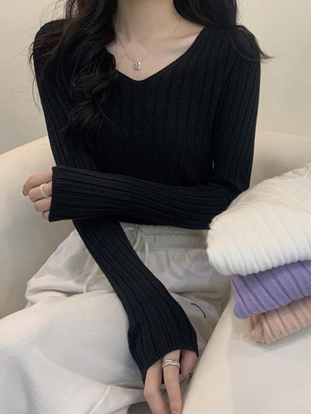 

women's sweaters v-neck bottomed shirt spring and autumn winter wear black sweater 2021 slim fit long sleeve upper, White;black