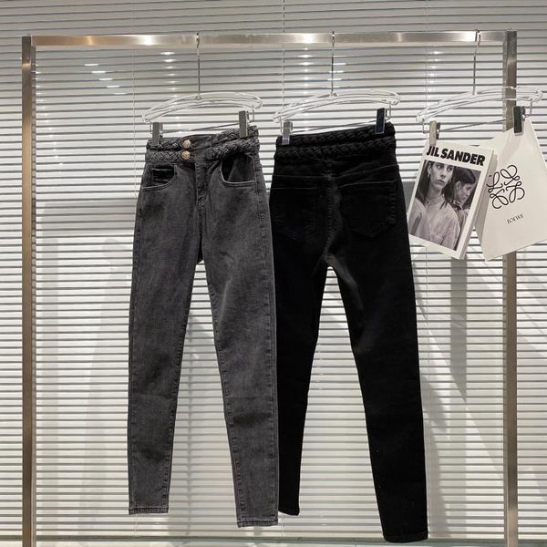 

2021 New Female Winter Arrival Fashion High-waist Belt Knit Thick Button String Decoration Denies Pencil Pants Yhjx, Blue
