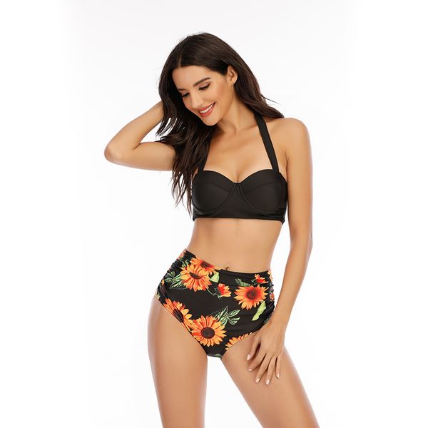 Frauen Mode Sunflower Print Ärmellose Bikini Set Top Shorts Zwei Stück Set Badeanzug Badeanzug Bademode Strand Tragen Tankinis 210305