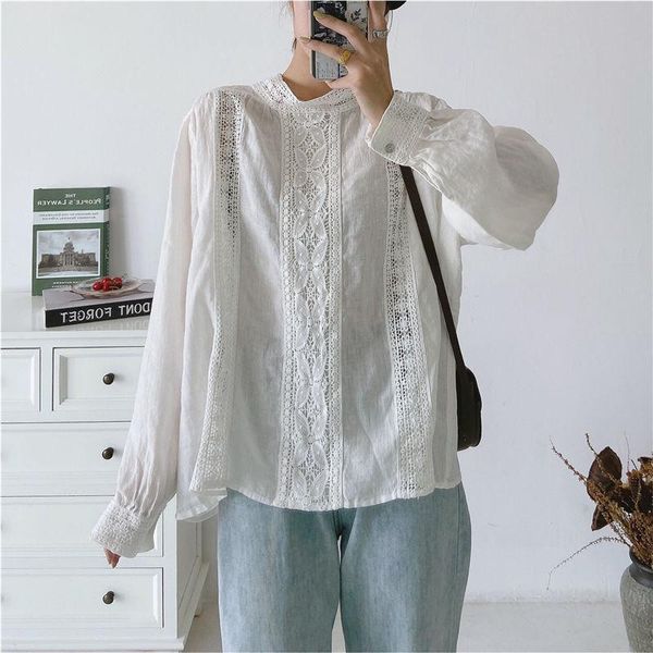 

women's blouses & shirts johnature korean linen womens and 2021 autumn vintage hollow out loose solid color female, White