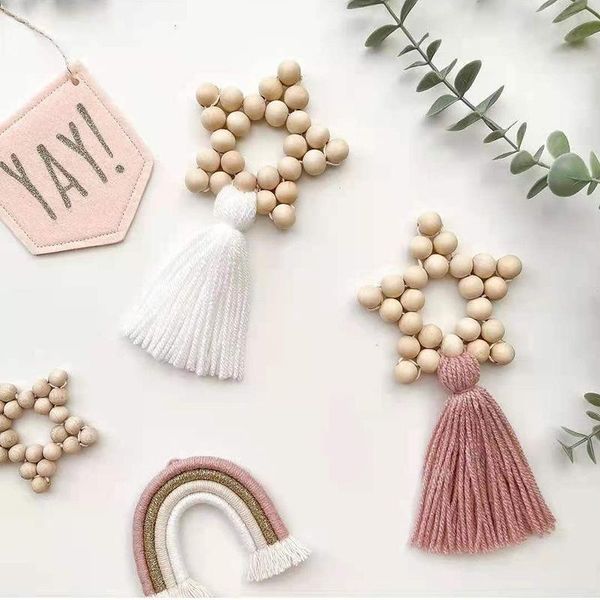 

decorative objects & figurines nordic simple wooden beads beaded five-pointed star tassel pendant room decoration accessories wall po props