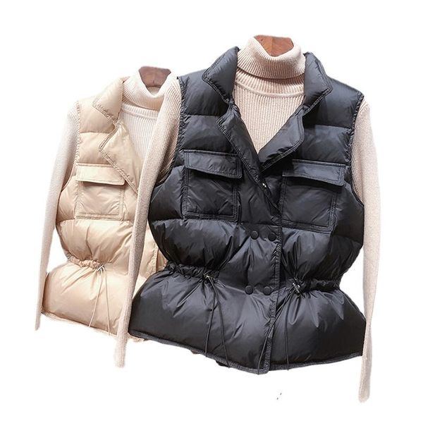 

women's vests down cotton vest women korean version short drawstring fashion stand-up collar lightweight jacket waistcoat, Black;white