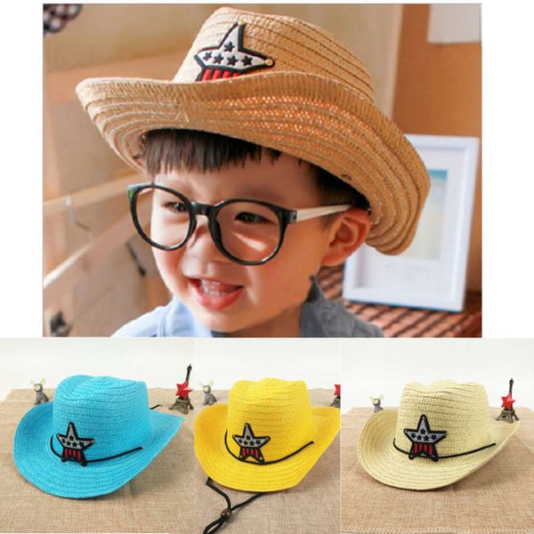 

in summer of 2019, western cowboy children's straw hat, boys and girls' sunscreen beach hat tide, Yellow