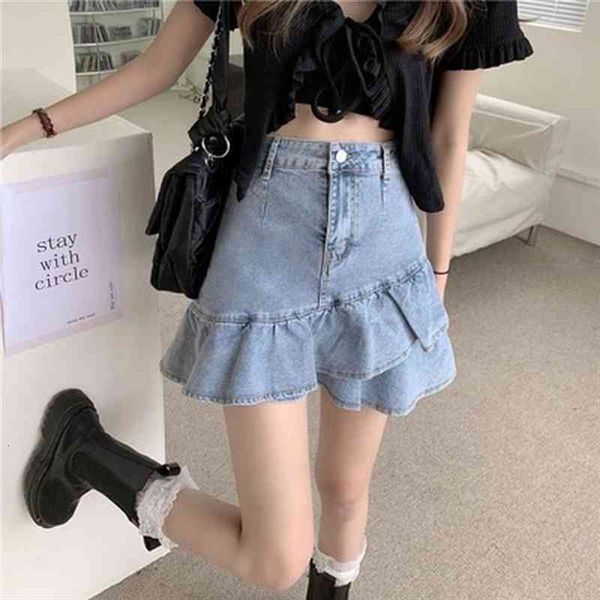

summer ruffled fishtail mini womens skirts denim a-line high waist female all-match thin girl jean, Black
