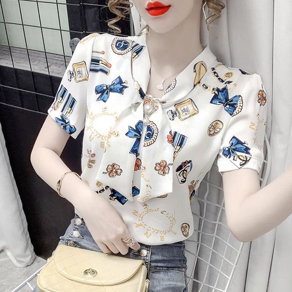 

women's blouses & shirts fashion chiffon short sleeve print french style asymmetry bow-knot temperament women blusasmm0203, White