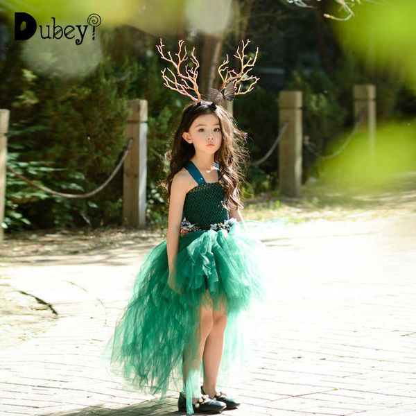 Floresta elegante crianças tricotadas tutu vestido verde princesa sereia + cervo headband 3 pcs vestuário conjunto de pogologia show 210529