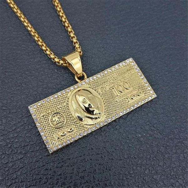 

chains us $100 dollar money necklaces pendants male stainless steel/gold color chain for men rhinestone hip hop bling jewelry collier, Silver