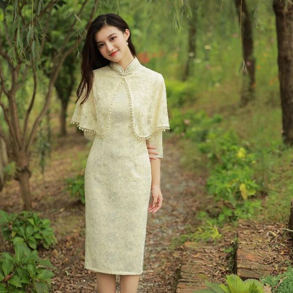 

ethnic clothing 2021 early autumn cheongsam cloak two piece set of composite lace medium length dress literary style the republic, Red