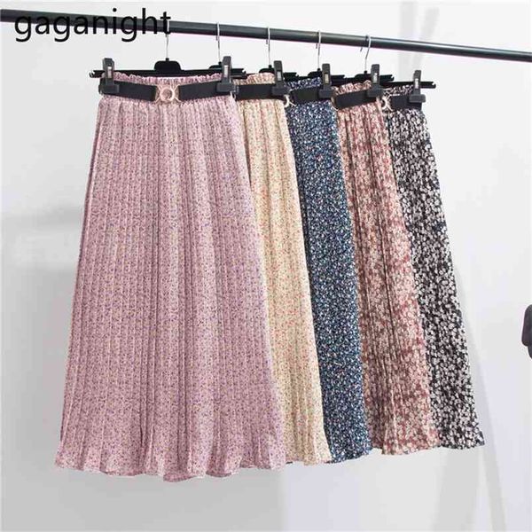 

ladies vintage spring women chiffon skirt high waist elegant floral printed pleated skirts sashes a-line maxi 210601, Black